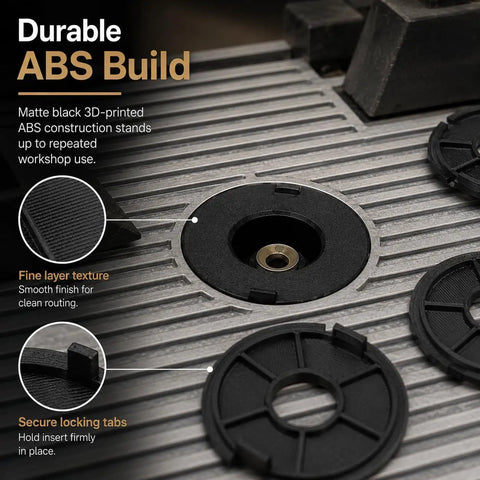 Drop The Mic 5 Pack 2 Inch Router Table Insert Rings Ultra Premium Abs Construction Fast Mount For Sears Craftsman Workbenches Dope Woodshop Gear Black shows durable ABS insert rings installed on table.