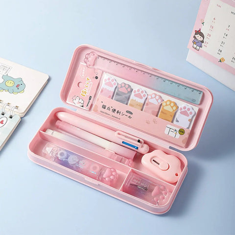 Pink Cat Paw Stationery Set Must Have For School And Office Cute Kawaii Desk Supplies With 9 Pieces Including 6 In 1 Ballpoint Pen Highlighter Eraser 2 In 1 Correction Tape And Glue Utility Knife Ruler Pencil Sharpener Memo Pads And Plastic Case