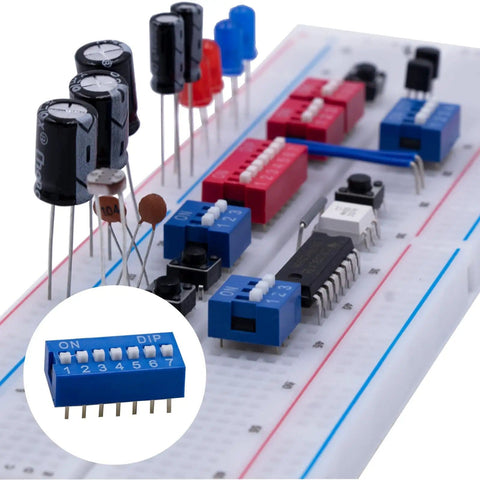 Dip Switch Assortment Kit 41 Pieces With 10 Values Blue Double Row Dip Switches on breadboard for DIY electronics