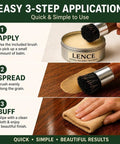 Easy 3-step application of Wood Care Balm And Furniture Polish With Almond Scratch Fixer using brush and cloth.