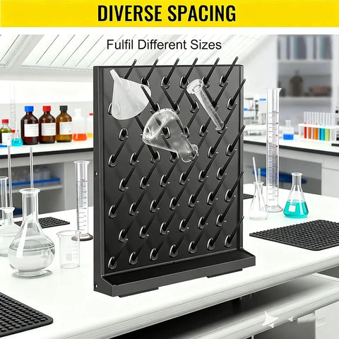 52 Rod Wall Mounted Laboratory Drying Rack With Drainage Outlet Design showcasing diverse spacing for different sizes of lab glassware.