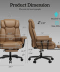 Product dimensions of 160 Degree Reclining Office Chair With Footrest For Big And Tall Comfort Leather High Back Computer Desk Chair With Cross Legged Seat Armrests And Smooth Wheels For All Day Comfort Brown, showing front and side view.