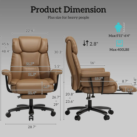 Product dimensions of 160 Degree Reclining Office Chair With Footrest For Big And Tall Comfort Leather High Back Computer Desk Chair With Cross Legged Seat Armrests And Smooth Wheels For All Day Comfort Brown, showing front and side view.