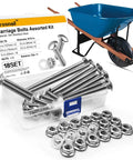 Heavy Duty Wheelbarrow Carriage Bolts And Nuts Kit With 304 Stainless Steel Hardware in assorted lengths with flange hex nuts and retainer clips, shown with packaging and wheelbarrow.
