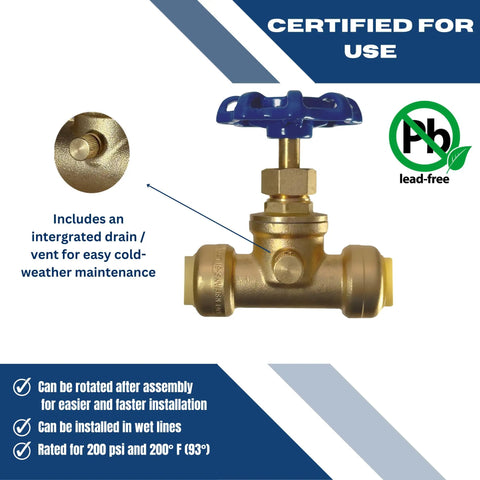 Certified brass Half Inch Push Fit Stop Valve with Drain Vent for Pex Copper CPVC PERT HDPE, lead-free, winterization ready.