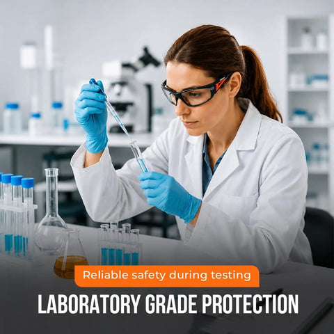 Top Shelf Industrial Safety Glasses With Vibrant Orange Frame Clear Anti Fog Lenses Scratch Resistant High Impact Shield Ansi Z87 Certified Uv400 Eye Protection Clutch For The Job Site Bad Boy Gear worn by a woman in a lab.