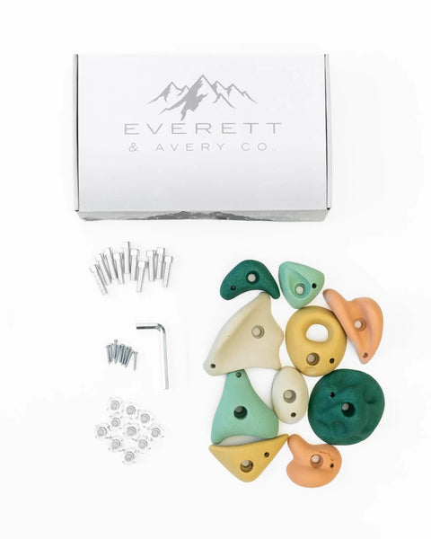 Premium Boho Rock Climbing Holds For Kids Indoor Wall Set In Earth Tones with hardware and tools displayed
