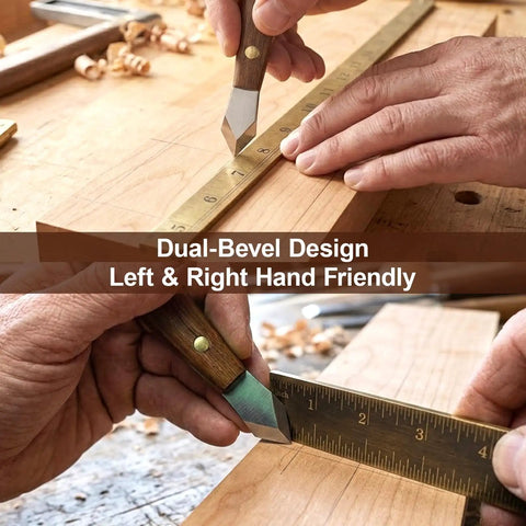 Knockout Dual Bevel Marking Knife Kit Crafted For Serious Woodworkers Featuring Razor Sharp Stainless Blades in use on wood.