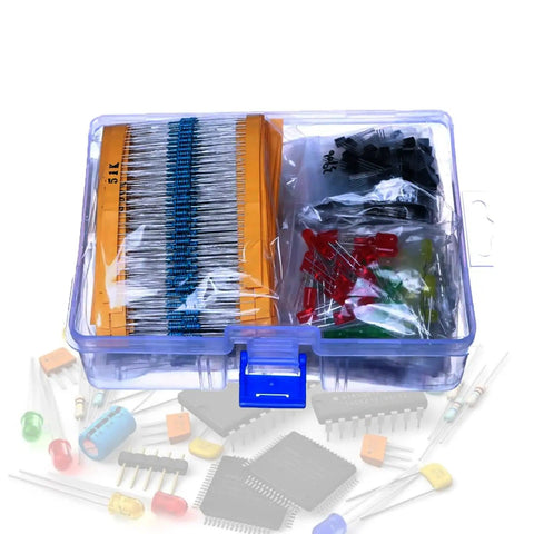 Mega 1500 Piece 7 Value Electronic Component Kit with capacitors, resistors, LEDs, transistors in clear plastic case