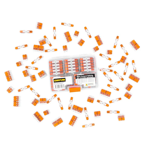 DIY Ready Wire Connectors Set In Sturdy Case With 221 Series Inline Splice 12 AWG Kit scattered around the case, 90-piece