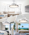 Retractable 42 Inch Smart Ceiling Fan With Light, Remote, App And Alexa Control in living room, bedroom, and outdoor settings