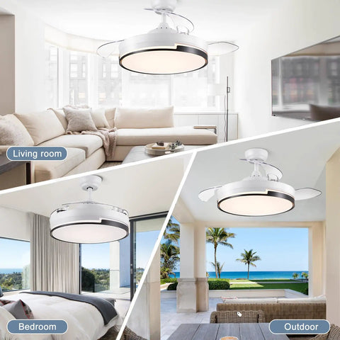 Retractable 42 Inch Smart Ceiling Fan With Light, Remote, App And Alexa Control in living room, bedroom, and outdoor settings