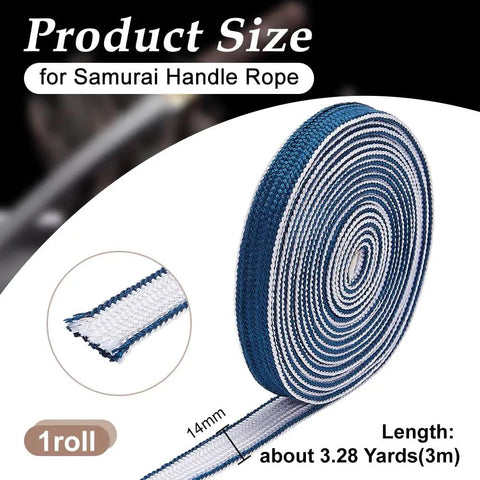 Dope Silk Ito Sageo Wrapping Cord 9.8 Ft Blue And White 0.4 Inch Wide for Samurai sword handle shown coiled with size details