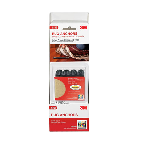 Packaging of Rug Anchors Four Strip Pairs Hold Down Rug Corners And Edges With Stretch Release Adhesive For Carpet Grips