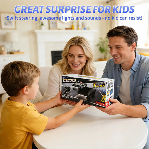 Family smiling while gifting 1 24 Scale RC Pickup Truck With 2 4GHz Remote Control LED Lights Load Bed Built In Rechargeable Battery.