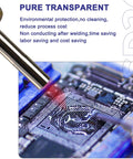 Close-up of SD360 No Clean Solder Flux Paste applied on an electronic PCB with a metal push rod and soldering tool.