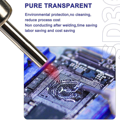 Close-up of SD360 No Clean Solder Flux Paste applied on an electronic PCB with a metal push rod and soldering tool.