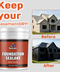 Rock-Solid Heavy-Duty Foundation Sealant Workhorse And Rubber Silicone Waterproof Sealant For Basement Leak Repair And Shower Liners Planter Boxes Coating Indoor Outdoor Black 5 Gallon Tub with before and after images of a house.