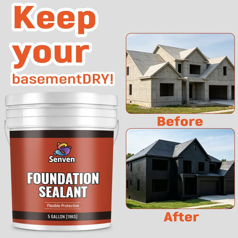 Rock-Solid Heavy-Duty Foundation Sealant Workhorse And Rubber Silicone Waterproof Sealant For Basement Leak Repair And Shower Liners Planter Boxes Coating Indoor Outdoor Black 5 Gallon Tub with before and after images of a house.