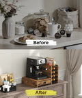 Before and after setup with Coffee Pod Drawer Organizer, 4 Tier Holder For Vertuo, showcasing 72 Pod Capacity in rustic brown and black.