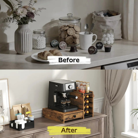 Before and after setup with Coffee Pod Drawer Organizer, 4 Tier Holder For Vertuo, showcasing 72 Pod Capacity in rustic brown and black.