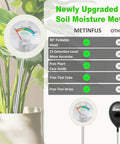 All-In-One Soil Moisture Meter and pH Test Kit for Indoor Outdoor Plants with 200 Plus Plant Care Guide, 100 pH Strips, 50ml Test Tube, No Battery Needed, Pro-Grade Garden Tool displayed with features and plant.