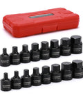 Low Profile 3/8 Inch Drive Impact Hex Socket Set, 16 Pc shown with red case, SAE and metric sizes, pro grade chromoly steel