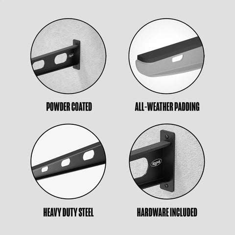 Heavy Duty Wall Mount Kayak Rack For Garage And Outdoor Storage Steel Shelf with powder coating, all-weather padding, hardware included, and heavy duty steel construction details
