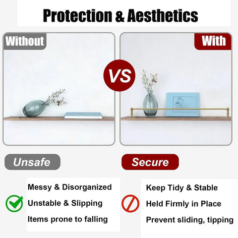 Comparison image showing Straight Up Heavy Duty Shelf Guard Rails Four Pack with rust resistant aluminum posts for shelf stability.