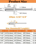 Aluminum Large Flange Blind Rivets Kit, 3/16 x 3/8 Inch Pop Rivets With 5/8 Inch Flange Diameter, includes size chart and dimensions.