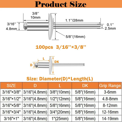 Aluminum Large Flange Blind Rivets Kit, 3/16 x 3/8 Inch Pop Rivets With 5/8 Inch Flange Diameter, includes size chart and dimensions.