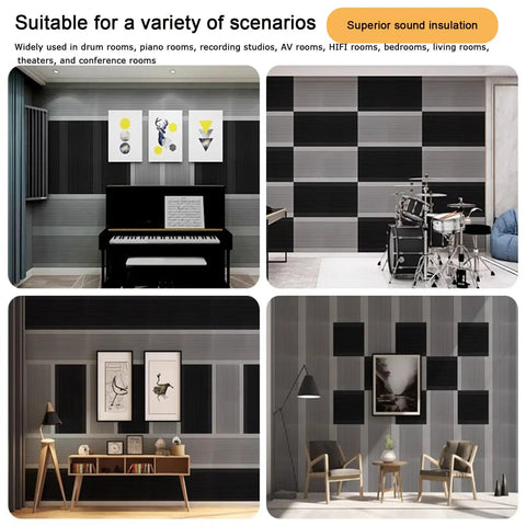 Pro Level Soundproof Studio Wedges Heavy Duty Acoustic Foam Panels 4 Inch Thick used in a stylish studio with piano and artwork.