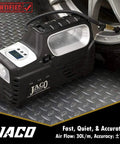 Plug And Play Digital Tire Inflator With Hella Accurate Gauge Fast Auto Shut Off No Sweat Portable Air Compressor on floor by car tire.