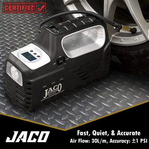 Plug And Play Digital Tire Inflator With Hella Accurate Gauge Fast Auto Shut Off No Sweat Portable Air Compressor on floor by car tire.