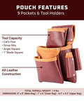 3 Pouch Pro Fastener Bag For Carpenters With 9 Pockets And Tool Holders, Durable Leather Tool Bag In Cafe Color, Made In USA