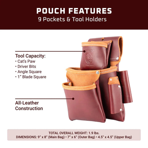 3 Pouch Pro Fastener Bag For Carpenters With 9 Pockets And Tool Holders, Durable Leather Tool Bag In Cafe Color, Made In USA