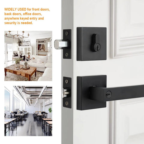 Matte Black Front Door Lock Set Heavy Duty Handle Set With Single Cylinder Deadbolt And Keyed Entry Lock for home and office doors.
