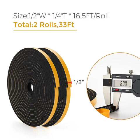 33 Feet Weather Stripping Door Seal Kit With 1/2 Inch Wide By 1/4 Inch Thick High Density Foam Tape and Adhesive Rubber Strip