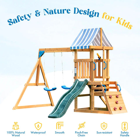 Backyard Wooden Swing Set For Kids And Toddlers With All In One Design Awesome Dual Swings Slide Rock Climbing Wall Fort