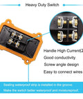 IP67 Waterproof Inline Cord Switch 12V DC 20A DPST 4 Pin Two Position On Off Outdoor Toggle With Red Light Rocker Button Two Side Entry and Exit Line Latching Action Weatherproof Electrical Switch, rear terminal view
