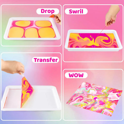 Water Marbling Paint Kit For Kids With 6 Vivid Colors, 16ml Each, Paper Sheets, Needles, Pipette, Spreader, Tray And Manual, A Fun STEM Arts And Crafts Gift For Boys And Girls Ages 3 To 12, Perfect Stocking Stuffers And Birthday Treats, tray marbling demo