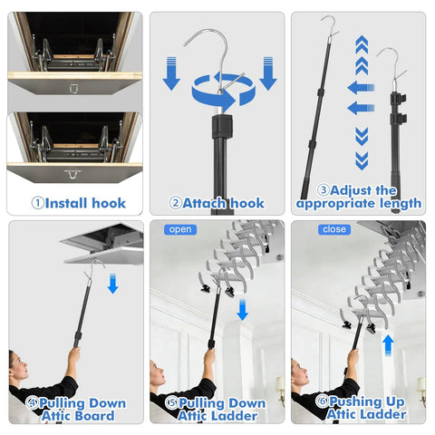 Step-by-step use of Beefy Attic Pull Down System Kit With Adjustable 17 To 36 Inch Range for attic access.