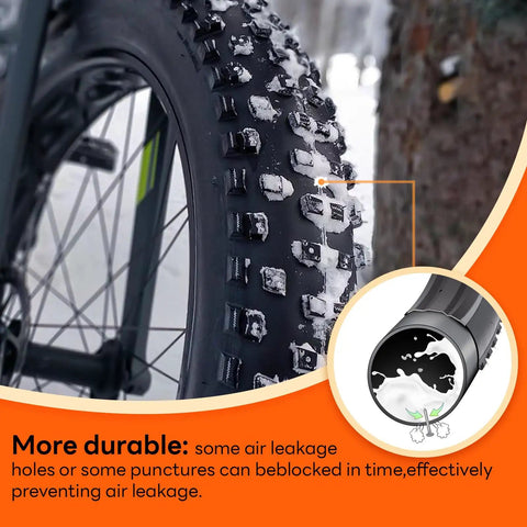 Close-up of fat bike tire with Two Pack Self Sealing Fat Bike Inner Tubes 20x4 With 32mm Schrader Valve Puncture Resistant Quick Repair