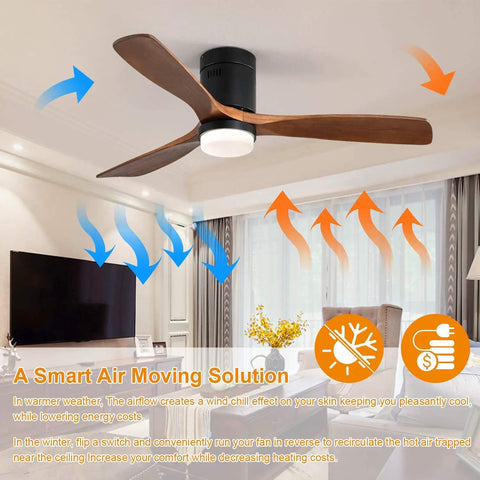 Dope 52 Inch Wood Ceiling Fan With Light And Remote Control, 3 blades, installed in living room, airflow direction graphics