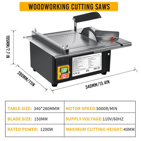 Portable Table Saw With Dust Port For Connecting Dust Collector, 1200W Motor, 5000 RPM showing dimensions and controls