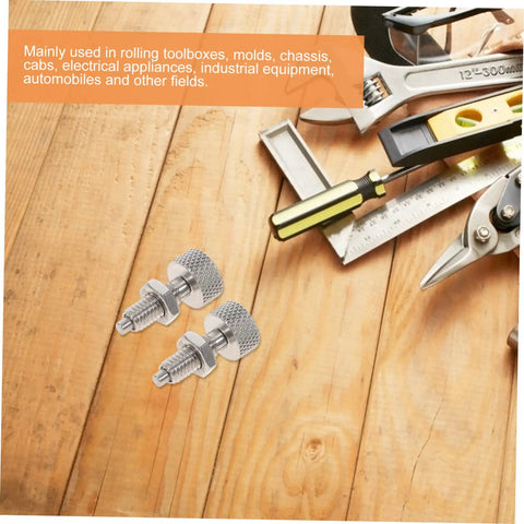 Rock Solid Stainless Steel Retractable Locking Plungers With Knurled Grips on wooden surface with tools, showing construction details.