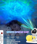 Child sleeping with 3 In 1 Starry Sky Projector Night Light and remote; displays ocean wave nebula and stars.