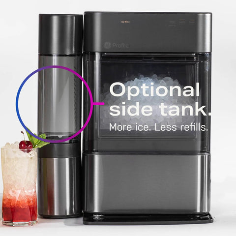 Countertop Nugget Ice Maker With WiFi Connectivity For Smart Home Kitchens Fast Chewy Ice On Tap Black Stainless Finish with side tank