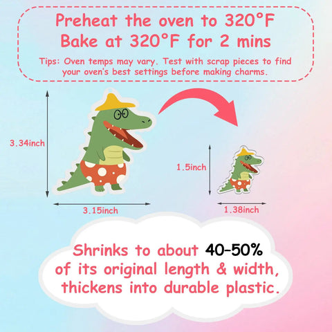 Illustration of shrink dink process with alligator design showing size change after baking at 320°F from DIY Shrink Dink Keychain Kit