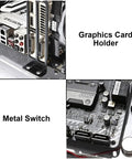 Close-up of Open Frame Case Test Bench For DIY Builds Fits ATX Micro ATX ITX Motherboards with graphics card holder and metal switch.